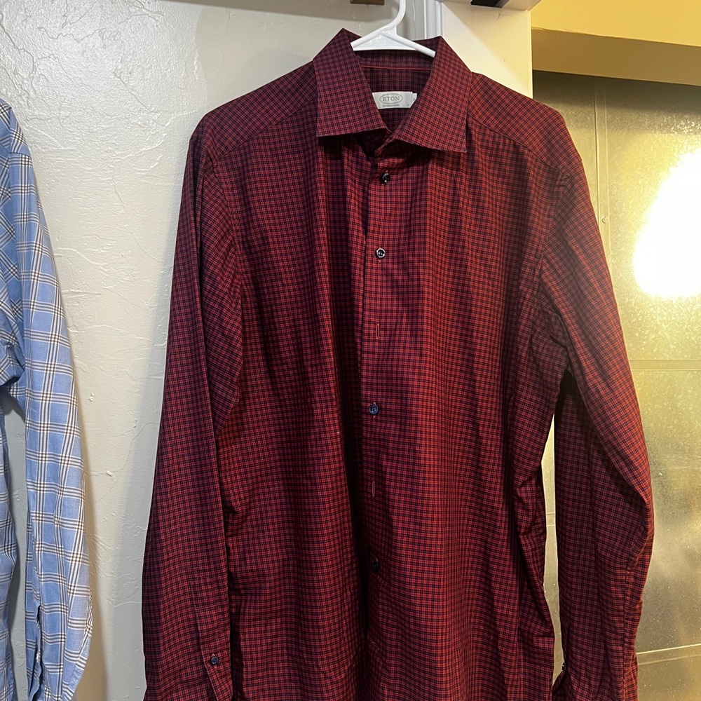 Eton Men's Burgundy Checkered Dress Shirt